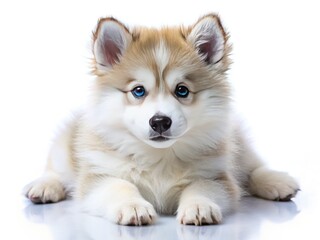 Obraz premium Fluffy Pomsky puppy, a Pomeranian Husky mix, rests on a white background, showcasing its adorable charm.