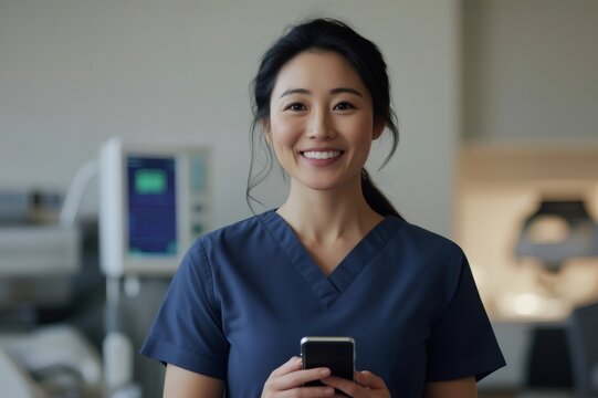 Smiling asian female doctor using mobile phone in hospital room