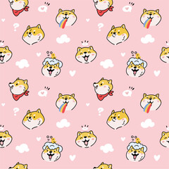 Shiba Inu seamless pattern. Cute little dog faces. Funny pet emotions. Different mood expression. Animal muzzles. Akita ken puppy. Japanese breed. Repeated print. Garish vector background