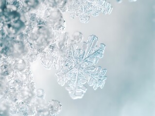 Crystal-clear image of microscopic snowflake details, icy white and pale blue tones