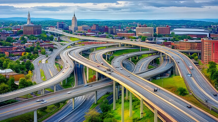 Elevated Highway Interchange Spans Across Cityscape, Connecting Routes Efficiently and Dynamically.