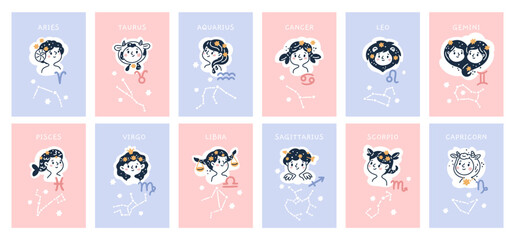 Kids zodiac signs cards. Astrological banners. Children faces. Cute Aries and Taurus. Esoteric astrology calendar. Virgo and Gemini characters. Stars constellation. Garish vector set