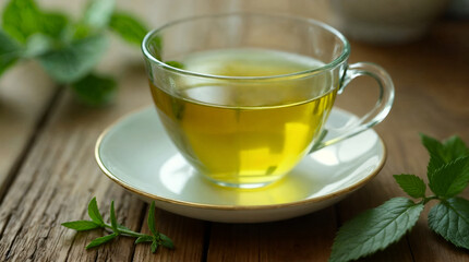 Fresh herbal green tea in a glass cup on a rustic wooden table with mint leaves, representing health, relaxation, and natural wellness.