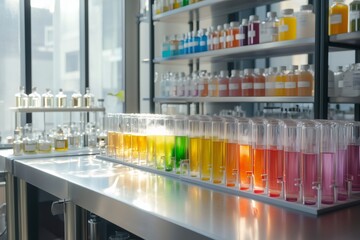 Test tubes containing colorful liquids creating a gradient in modern laboratory