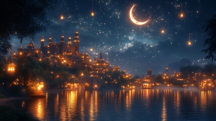 Mystical Nighttime Cityscape with Illuminated Buildings by the Water Under Starry Sky and Crescent Moon

