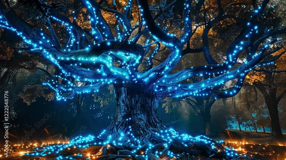 Aufkleber a grand tree adorned with vibrant blue lights stands in a serene forest. its twisted branches spread