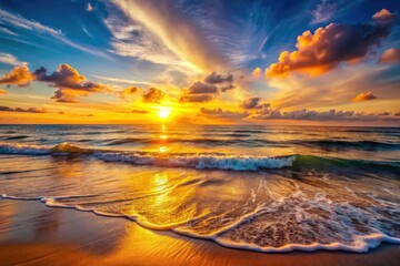 Obraz premium Golden hour paints the calm ocean in serene sunset hues, a long exposure capturing its tranquil beauty.