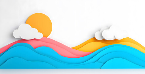 Landscape with mountains and sea waves in paper cut style