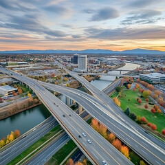 Elevated Highway Interchange Spans Across River at Dusk with Distant Mountains and Cityscape