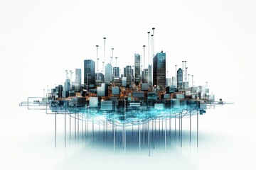 Smart and technological city illustration, futuristic town in blue and white colors. Megapolis with smart technologies, engineering communications