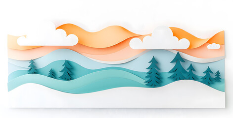 Landscape with mountains and sea waves in paper cut style