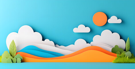 Obraz premium Landscape with mountains and sea waves in paper cut style