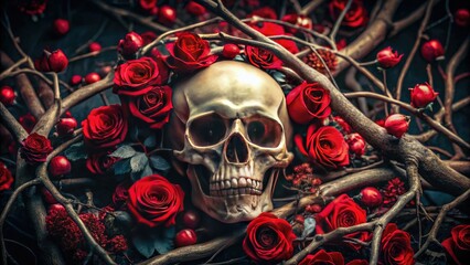 Gothic still life: skull, roses, thorns; dark art photography, rule of thirds composition.