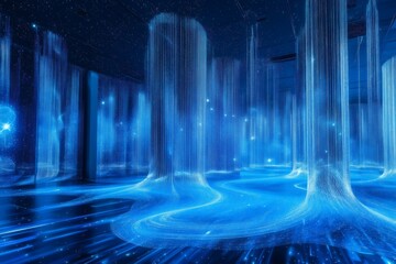Futuristic immersive room with fiber optic lights flowing like water