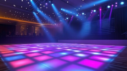 Vibrant Dance Floor with Stage Lights in Empty Event Venue.