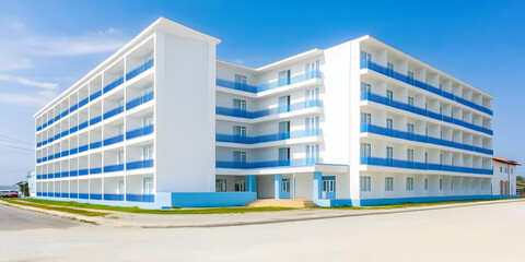 Modern White and Blue Hotel Building Stands Tall Under Clear Blue Sky