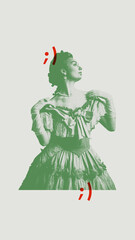 Medieval elegant woman, queen dressed in vintage dress, radiating elegance and grace, framed by green and red minimalist graphic elements. Concept of history, creativity, comparison of eras