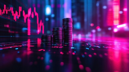 Financial growth visualization with arrows and coins urban environment digital art futuristic viewpoint