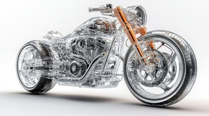 Detailed Transparent Wireframe Motorcycle with Orange Accents on White Background.