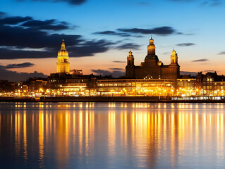 Obraz premium Cityscape at Night Reflects Beautifully in the Water under a Colorful Sky