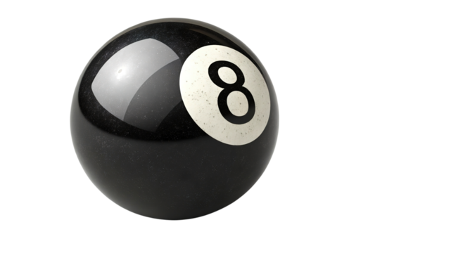 Black Billiard Ball with Number Eight in Sharp Detail on Transparent Background PNG