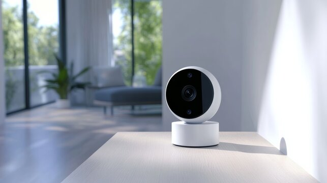 A cutting-edge smart home security camera system with a modern design in a clean, stylish entryway, showcasing advanced surveillance and monitoring features