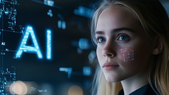Young Woman with Futuristic Digital Overlay, Exploring the World of Artificial Intelligence.