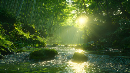 Sunlit Stream in Bamboo Forest: A tranquil stream flows through a lush bamboo forest, bathed in the golden light of the rising sun.  The scene is serene and peaceful.