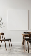 A blank banner hangs on the wall in a minimalist dining room kitchen.