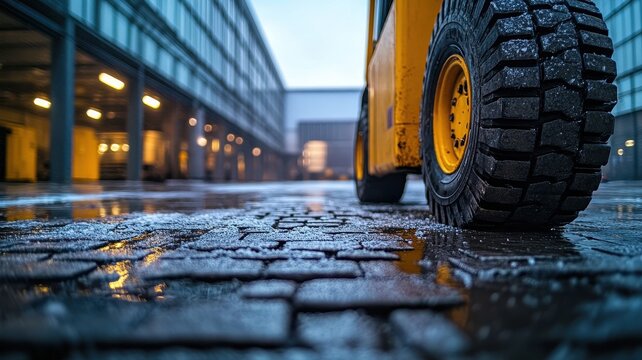 Closeup of forklift tire tread on wet pavement industrial area high definition urban environment