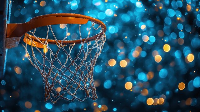 Basketball hoop framed by glowing particles night sports photography dynamic environment close-up view