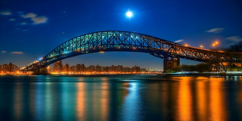 Naklejka premium Steel Arch Bridge Illuminates the Night Sky Over Tranquil Waters with City Lights Reflecting