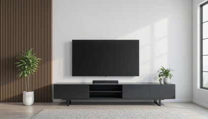 Modern Minimalist Living Room Interior Design with Flat Screen TV Black Media Console Wooden Wall Panel Stylish Home Decor Apartment Room Scene pot   