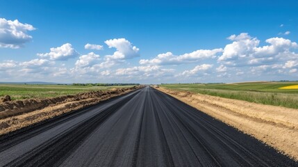 Fototapeta premium Clear Blue Sky Over Newly Constructed Asphalt Road Amid Lush Green Fields Under Bright Daylight