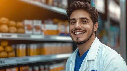 Fototapeta premium A young man dressed in a white lab coat stands in a brightly lit grocery store aisle, smiling confidently