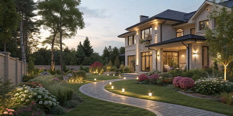 Naklejka premium modern house, vibrant flower beds, and a gently curving pathway illuminated by warm lights.