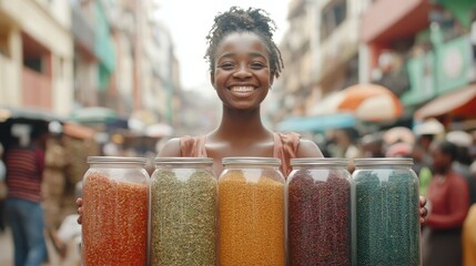 A girl stands in a bustling market, proudly displaying jars filled with colorful spices. The bright hues contrast against the lively backdrop of vendors and shoppers