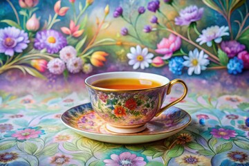 A delightful cup of tea, nestled amongst a vibrant floral tapestry, evokes serenity and warmth.