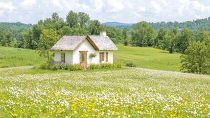 Small cottage in a blooming meadow, idyllic rural landscape, summer day, peaceful scene, perfect for travel brochures