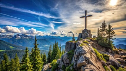 A majestic cross stands atop a rocky peak, overlooking a breathtaking panorama of majestic mountains and verdant forests bathed in the golden light of sunset.