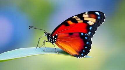 Obraz premium Vibrant Red Butterfly on Green Leaf AI Generated