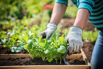 Naklejka premium Woman s Hands Gently Planting Seedlings in Raised Garden Bed, Spring Gardening Concept.