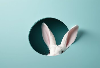 Obraz premium White rabbit ears peeking through a round hole on a teal background.