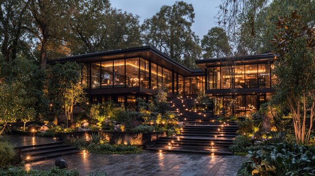 Modern restaurant nestled in lush garden, twilight ambiance, outdoor seating, tranquil setting. Ideal for fine dining website