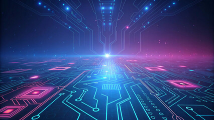 intricate and glowing circuit board design with neon blue and pink lines, showcasing the complexity and beauty of modern technological advancements