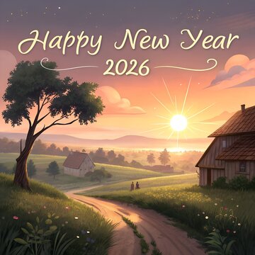 Happy New year 2026 with sun and village senary jpg