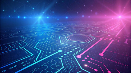 intricate and glowing circuit board design with neon blue and pink lines, showcasing the complexity and beauty of modern technological advancements