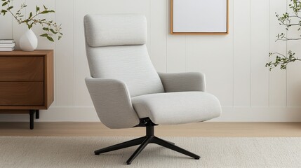 Furniture trendy and minimal innovative, A modern, stylish armchair in a light fabric, complemented by a minimalist room decor featuring natural elements and wooden furniture.