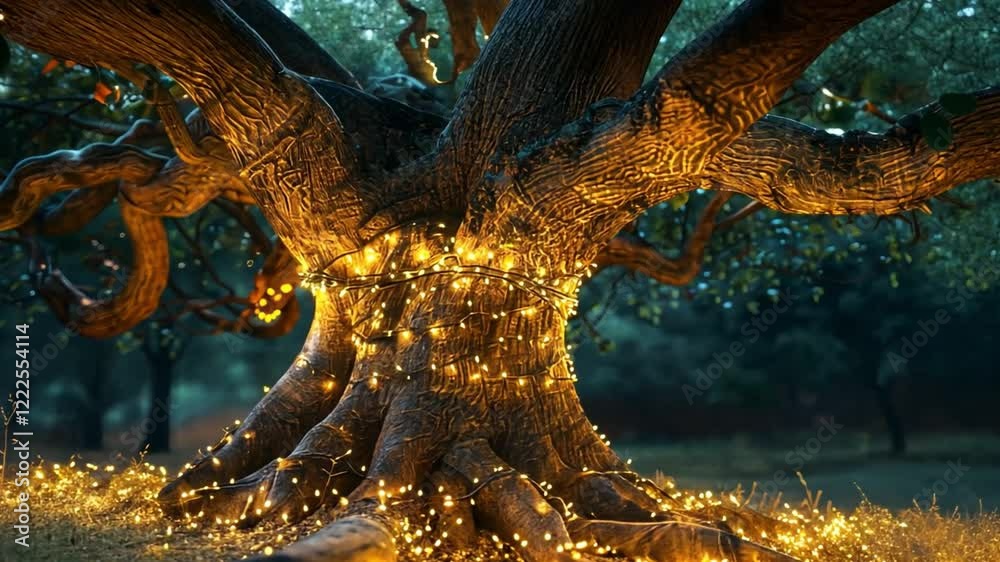 Poster an expansive old tree stands in a serene clearing, its thick roots adorned with glowing lights. the 
