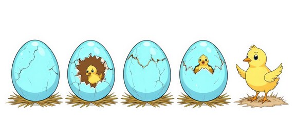 Chick hatching step-by-step from eggs in nest on white background.